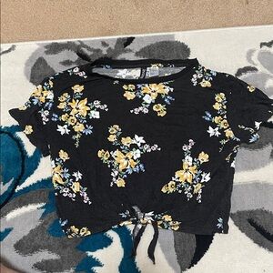 Floral Tie-Front Crop Top - Black with Yellow Floral